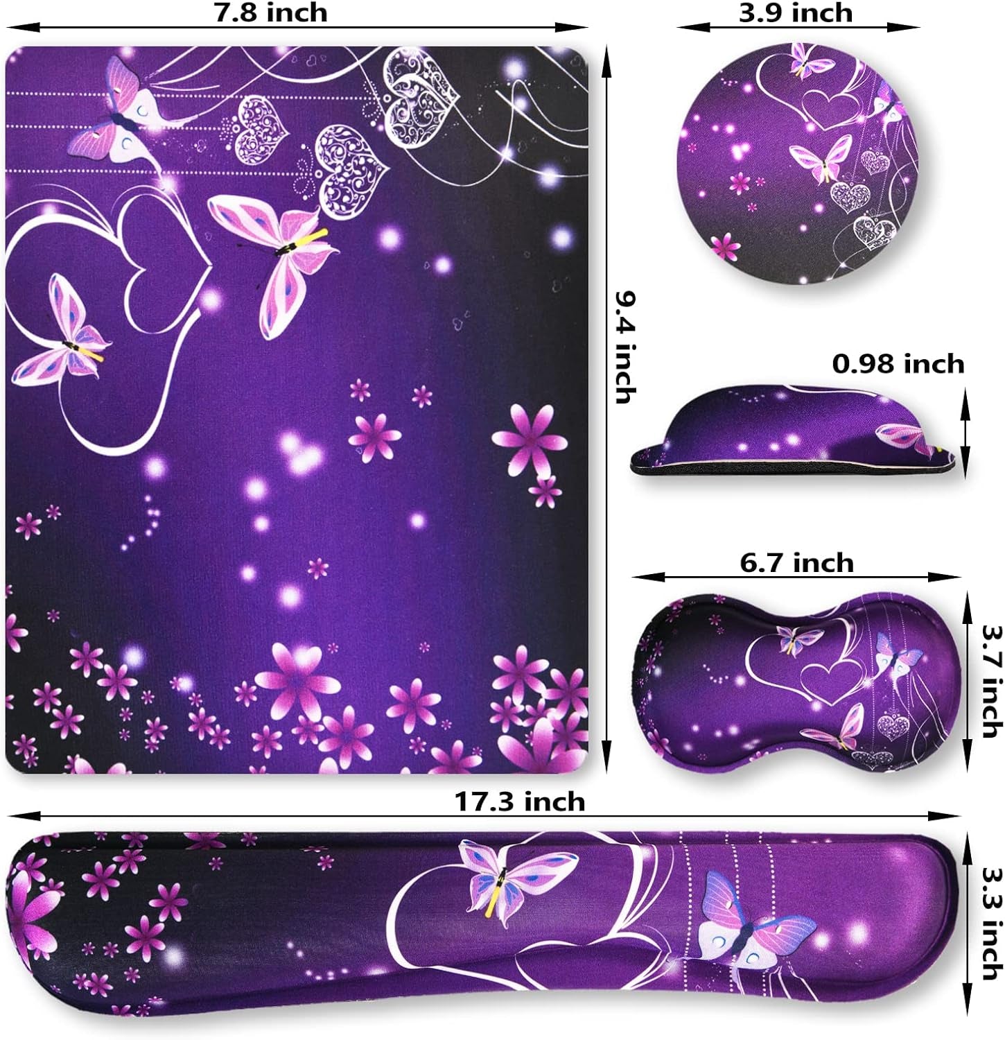 Keyboard Wrist Rest and Mouse Pad with Wrist Support Set Ergonomic Coaster, Memory Foam Mousepad Non-Slip Rubber Base Durable Comfortable for Easy Typing Pain Relief, Purple Heart Butterfly