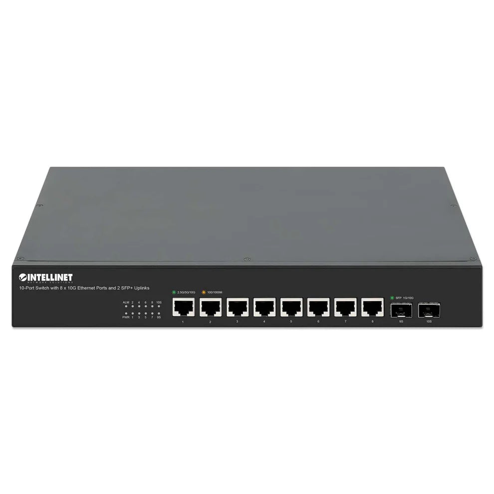 10-Port Switch with 8 x 10G Ethernet Ports and 2 SFP+ Uplinks
Eight 100 Mbps/1G/2.5G/5G/10G RJ45 Ports, Two 10G SFP+ Open Slots, Unmanaged, Desktop Format, Includes Optional 19" Rackmount Brackets
