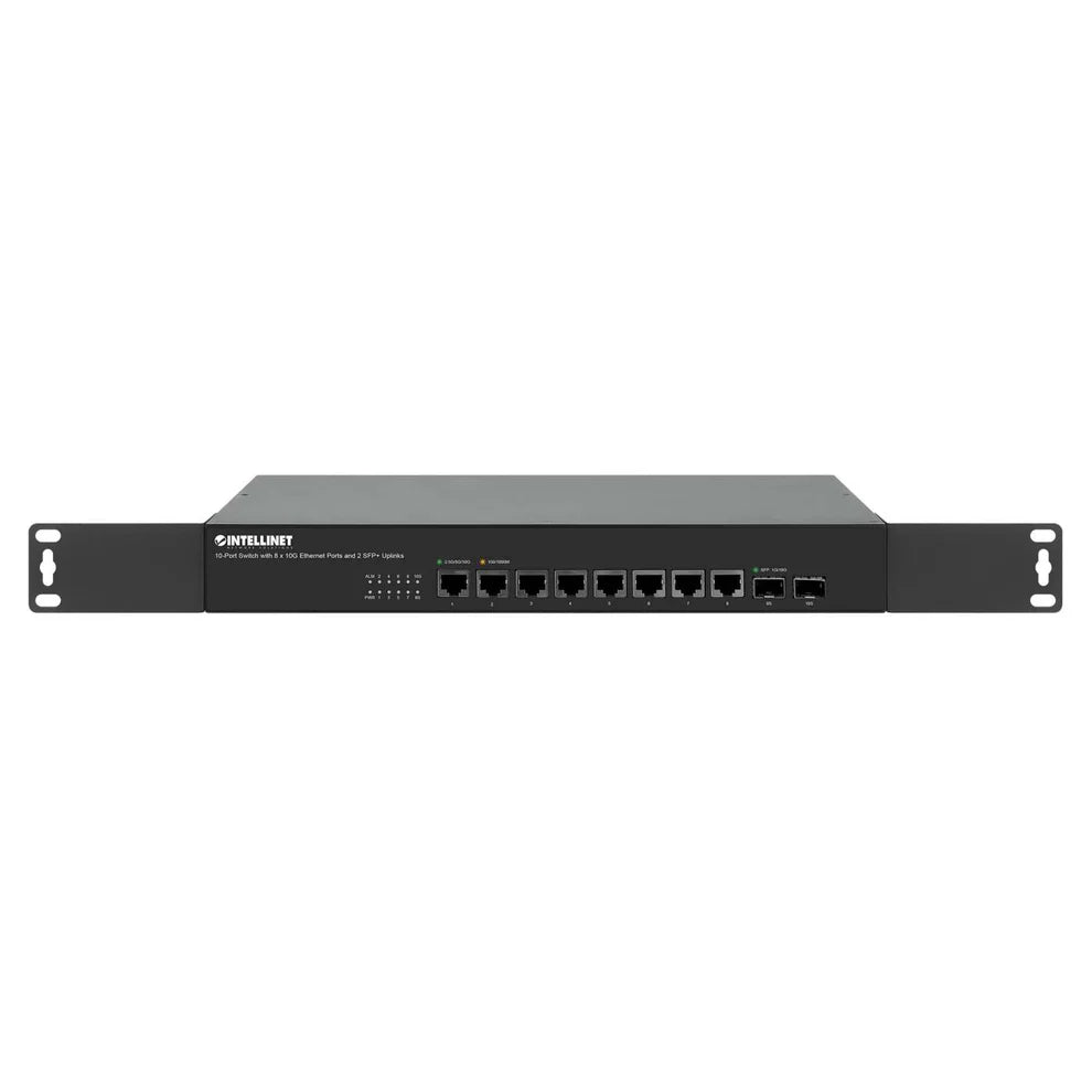10-Port Switch with 8 x 10G Ethernet Ports and 2 SFP+ Uplinks
Eight 100 Mbps/1G/2.5G/5G/10G RJ45 Ports, Two 10G SFP+ Open Slots, Unmanaged, Desktop Format, Includes Optional 19" Rackmount Brackets