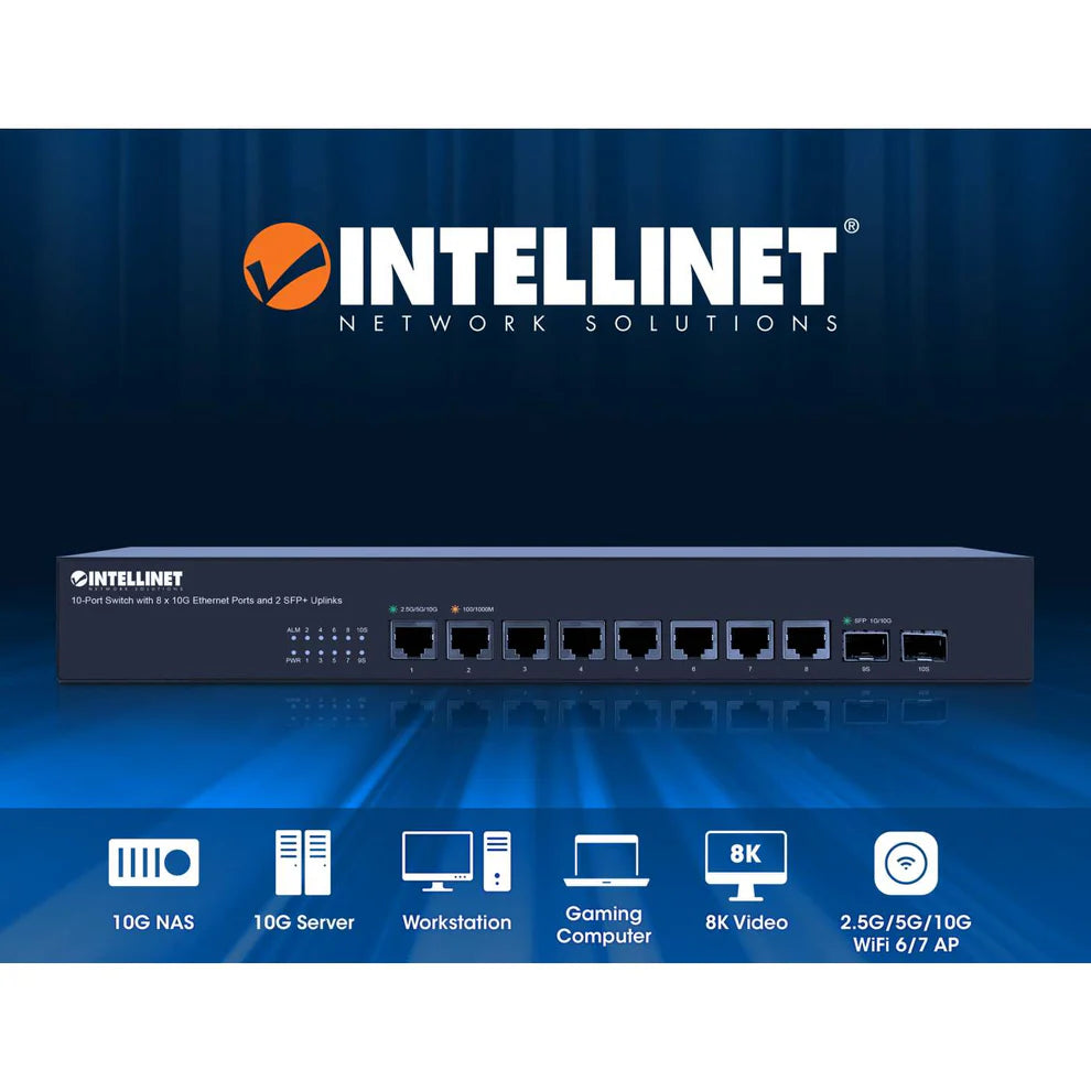 10-Port Switch with 8 x 10G Ethernet Ports and 2 SFP+ Uplinks
Eight 100 Mbps/1G/2.5G/5G/10G RJ45 Ports, Two 10G SFP+ Open Slots, Unmanaged, Desktop Format, Includes Optional 19" Rackmount Brackets