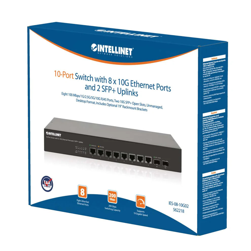 10-Port Switch with 8 x 10G Ethernet Ports and 2 SFP+ Uplinks
Eight 100 Mbps/1G/2.5G/5G/10G RJ45 Ports, Two 10G SFP+ Open Slots, Unmanaged, Desktop Format, Includes Optional 19" Rackmount Brackets