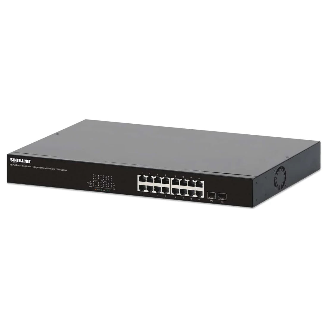 18-Port PoE++ Switch with 16 Gigabit Ethernet Ports and 2 SFP Uplinks
IEEE 802.3bt (4PPoE) Compliant, 16 PSE PoE++ Ports (90 W), 440 W PoE Power Budget, Two 1G SFP Open Slots, 19" Rackmount