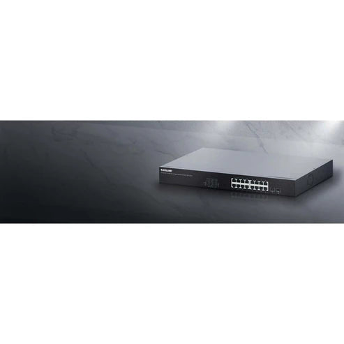 18-Port PoE++ Switch with 16 Gigabit Ethernet Ports and 2 SFP Uplinks
IEEE 802.3bt (4PPoE) Compliant, 16 PSE PoE++ Ports (90 W), 440 W PoE Power Budget, Two 1G SFP Open Slots, 19" Rackmount