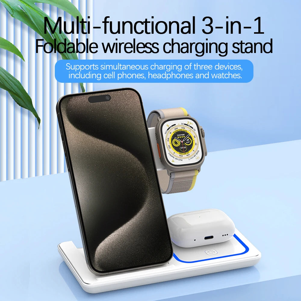 30W LED Fast Wireless Charger Stand 3 in 1 Foldable Charging Station for Iphone 17 16 15 14 13 12 11 Apple Watch 9 8 7 6 5 Airpods Pro 1 2
