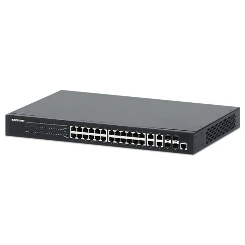24-Port Gigabit Ethernet PoE+ Web-Managed Switch with 4 Gigabit Combo Base-T/SFP Ports
IEEE 802.3at/af Power over Ethernet (PoE+/PoE) Compliant, 370 W, Self-Healing Network, Endspan, 19" Rackmount