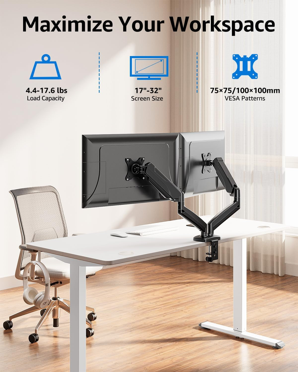 Dual Monitor Stand for Desk, Gas Spring Monitor Arms for 2 Monitors 32 27 24 22 Inches, Height Adjustable Double Monitor Mount, VESA Mount with C-Clamp & Grommet Base, Holds 4.4-17.6Lbs, Black