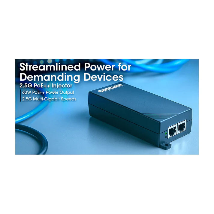 2.5G PoE++ Injector
One 60 W Port, IEEE 802.3bt (4PPoE) Compliant, 10/100/1000/2500 Mbps, Plastic Housing, Wall-mount Option