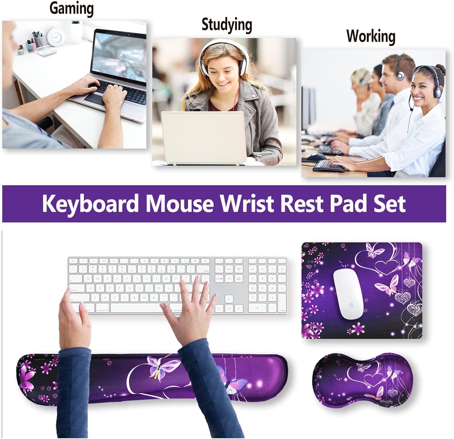 Keyboard Wrist Rest and Mouse Pad with Wrist Support Set Ergonomic Coaster, Memory Foam Mousepad Non-Slip Rubber Base Durable Comfortable for Easy Typing Pain Relief, Purple Heart Butterfly