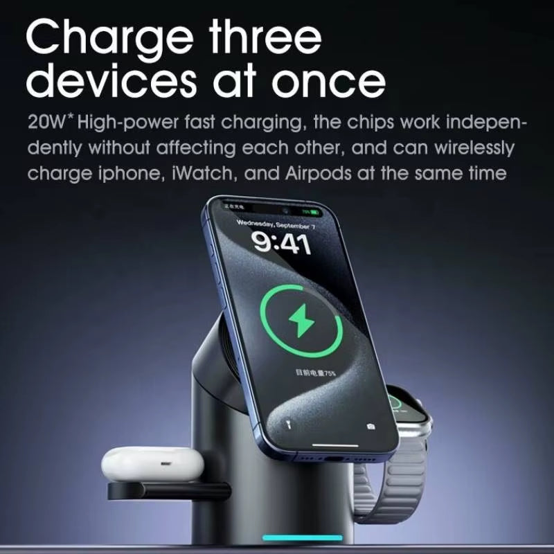 Qi2 Magnetic Wireless Charger Fast Charger 3-In-1 Intelligent Fast Charging 15W for Iphone 12/13/14/15/16/17, for Iwatch & Airpods