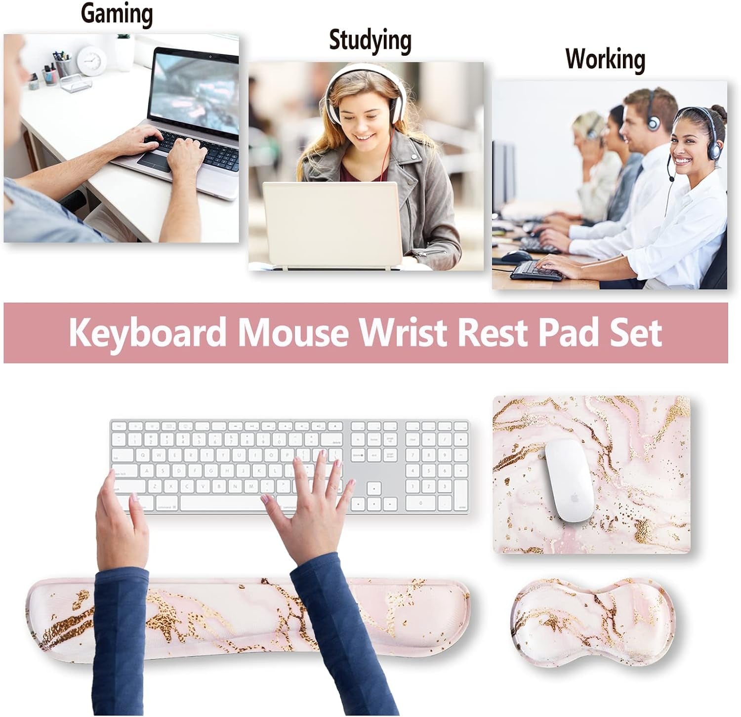 Keyboard Wrist Rest and Mouse Pad with Wrist Support Set Ergonomic Coaster, Memory Foam Mousepad Non-Slip Rubber Base Durable Comfortable for Easy Typing Pain Relief, Pink Marble