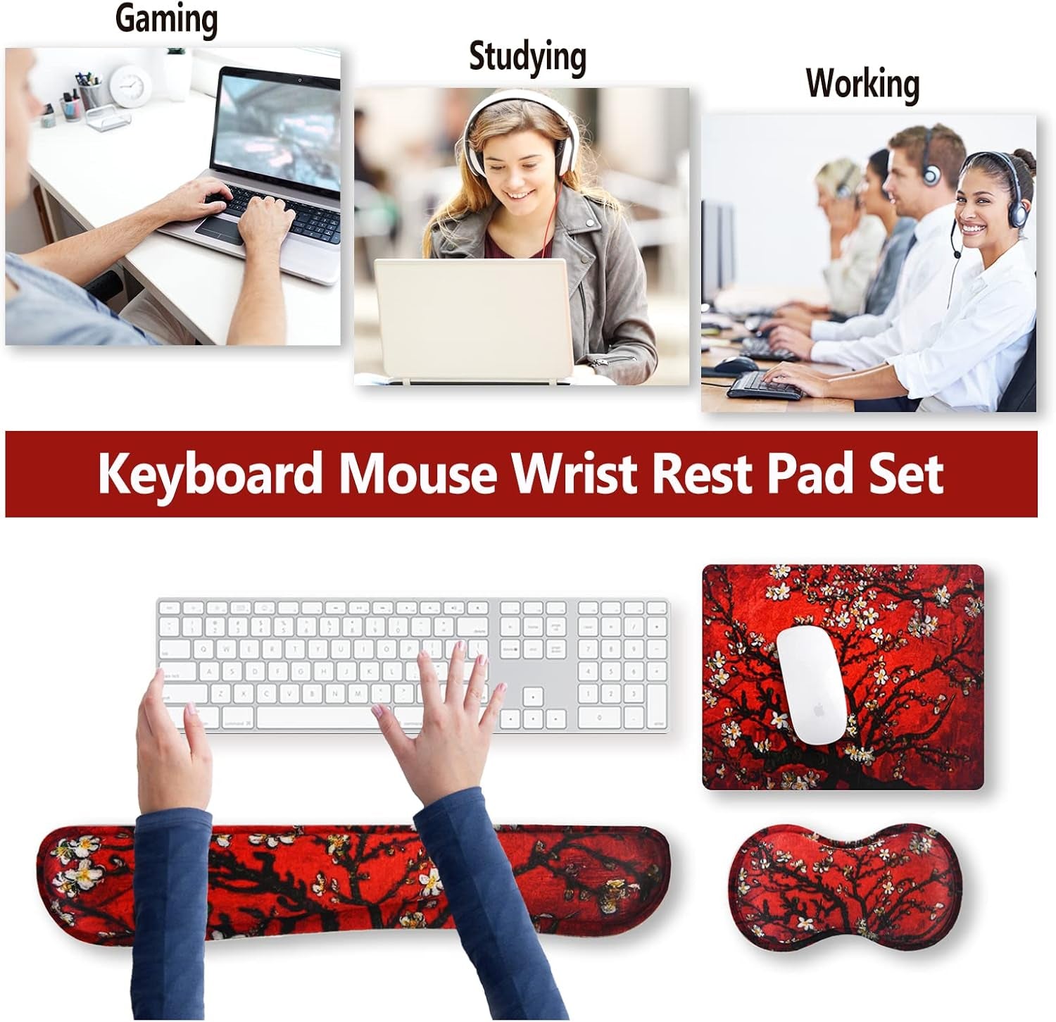 Keyboard Wrist Rest and Mouse Pad with Wrist Support Set Ergonomic Coaster, Memory Foam Mousepad Non-Slip Rubber Base Durable Comfortable for Easy Typing Pain Relief, Red Painting