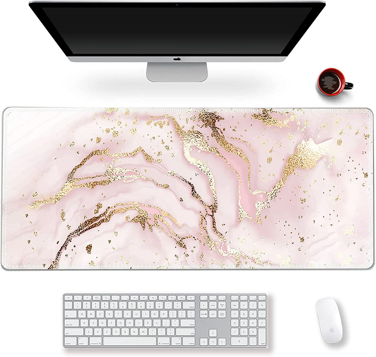 Extended Gaming Mouse Pad XXL Large Keyboard Mat Long Mousepad Desk Decor Writing Pad Non Slip Rubber Base Stitched Edges for Work, Game, Office, Home, 35.1" X 15.7", Pink Marble