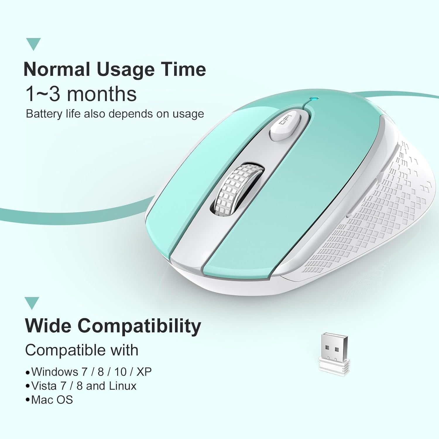 Wireless Mouse - 2.4G Silent Cordless for Laptop, Desktop, Macbook, PC - 6 Buttons, 3 Adjustable DPI