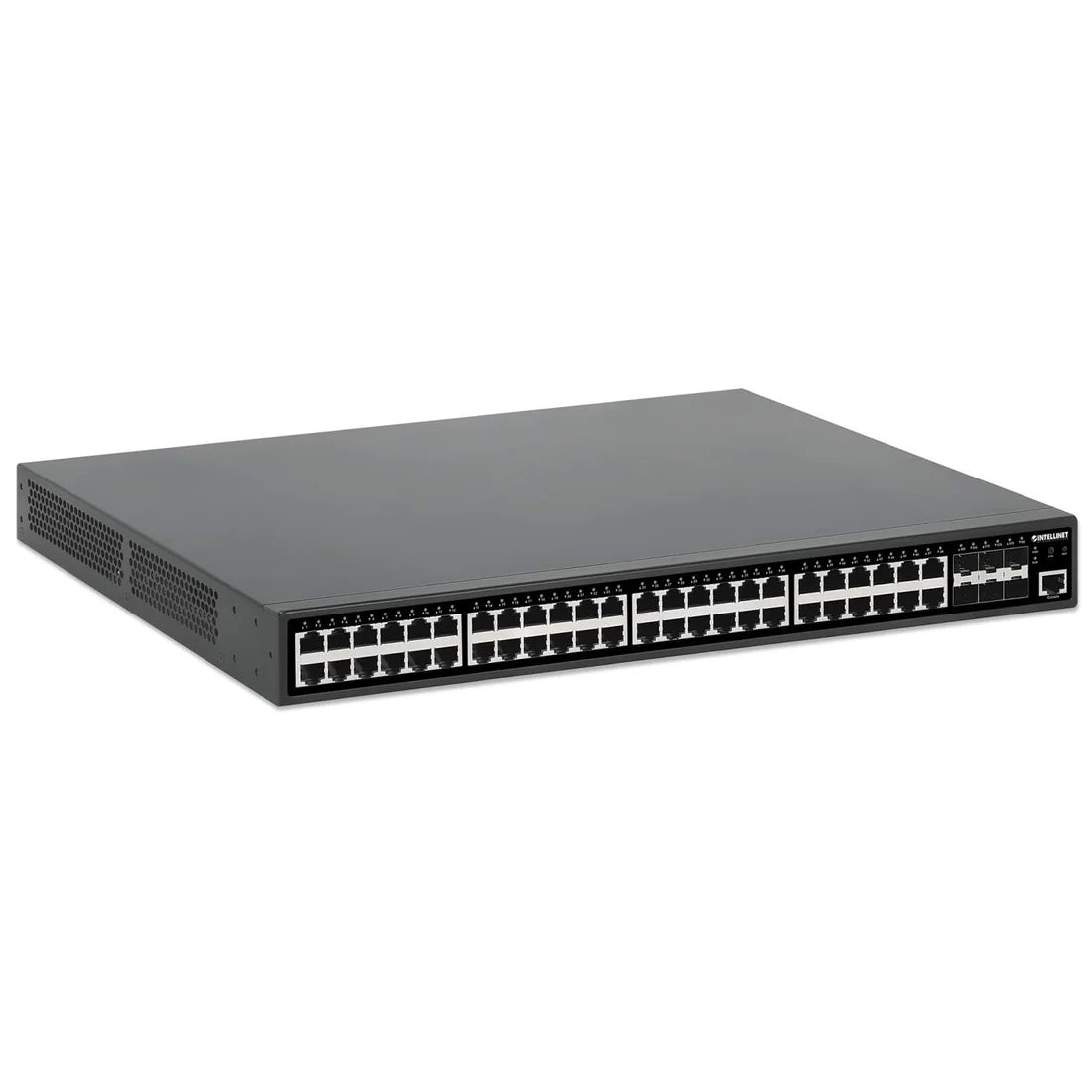 54-Port L2+ Fully Managed PoE+ Switch with 48 Gigabit Ethernet Ports and 6 SFP+ Uplinks
IEEE 802.3at/af (PoE+/PoE) Compliant, 450 W PoE Power Budget, Layer 2+/Layer 3 Lite, Six 10G SFP+ Open Slots, Self-Healing Network, 19" Rackmount