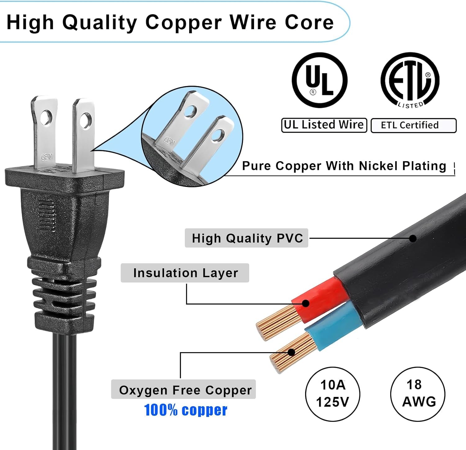 10 FT 2 Prong Extension Cord,Black Extension Cord 10 Ft Indoor or Outdoor, Male/Female Power Cable for NEMA 1-15P to NEMA 1-15R,Extension Cable 2 Pack