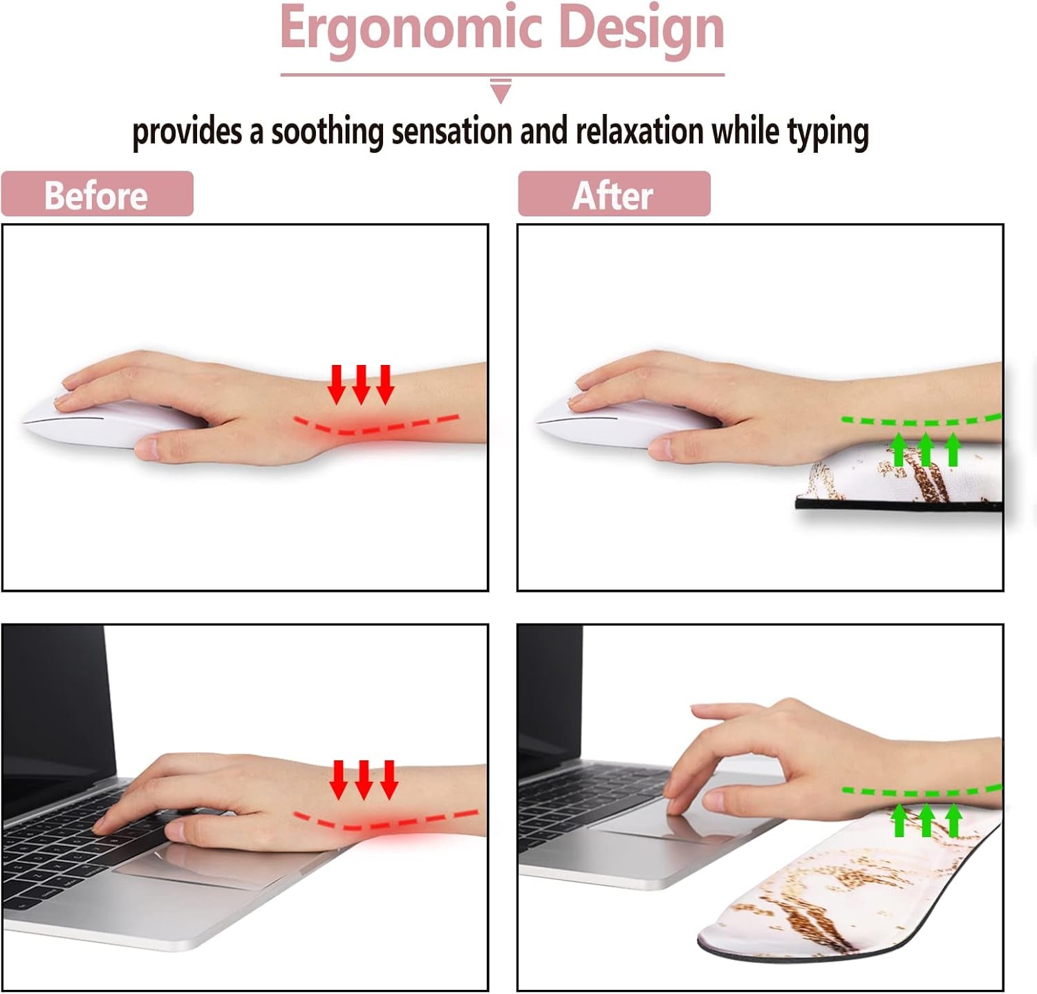 Keyboard Wrist Rest and Mouse Pad with Wrist Support Set Ergonomic Coaster, Memory Foam Mousepad Non-Slip Rubber Base Durable Comfortable for Easy Typing Pain Relief, Pink Marble