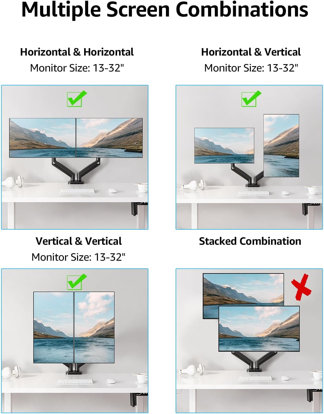 Dual Monitor Stand for Desk, Gas Spring Monitor Arms for 2 Monitors 32 27 24 22 Inches, Height Adjustable Double Monitor Mount, VESA Mount with C-Clamp & Grommet Base, Holds 4.4-17.6Lbs, Black