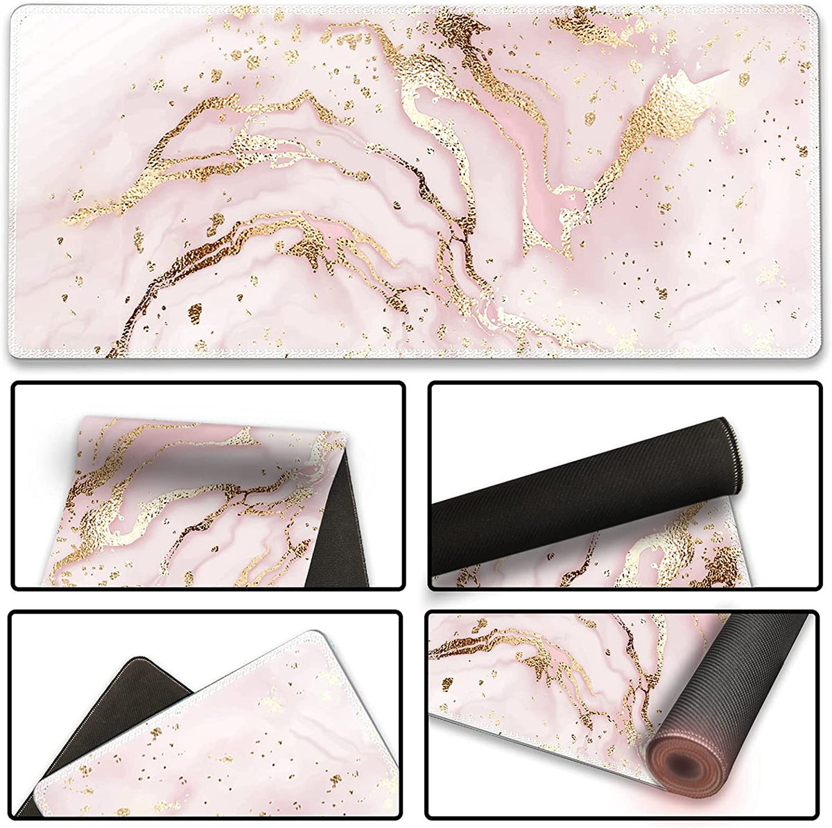 Extended Gaming Mouse Pad XXL Large Keyboard Mat Long Mousepad Desk Decor Writing Pad Non Slip Rubber Base Stitched Edges for Work, Game, Office, Home, 35.1" X 15.7", Pink Marble