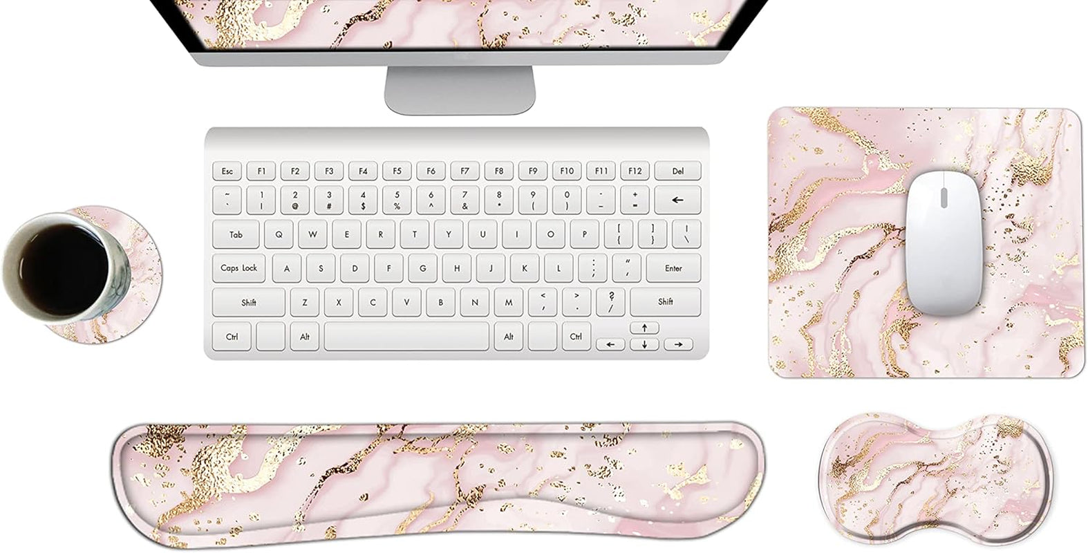 Keyboard Wrist Rest and Mouse Pad with Wrist Support Set Ergonomic Coaster, Memory Foam Mousepad Non-Slip Rubber Base Durable Comfortable for Easy Typing Pain Relief, Pink Marble