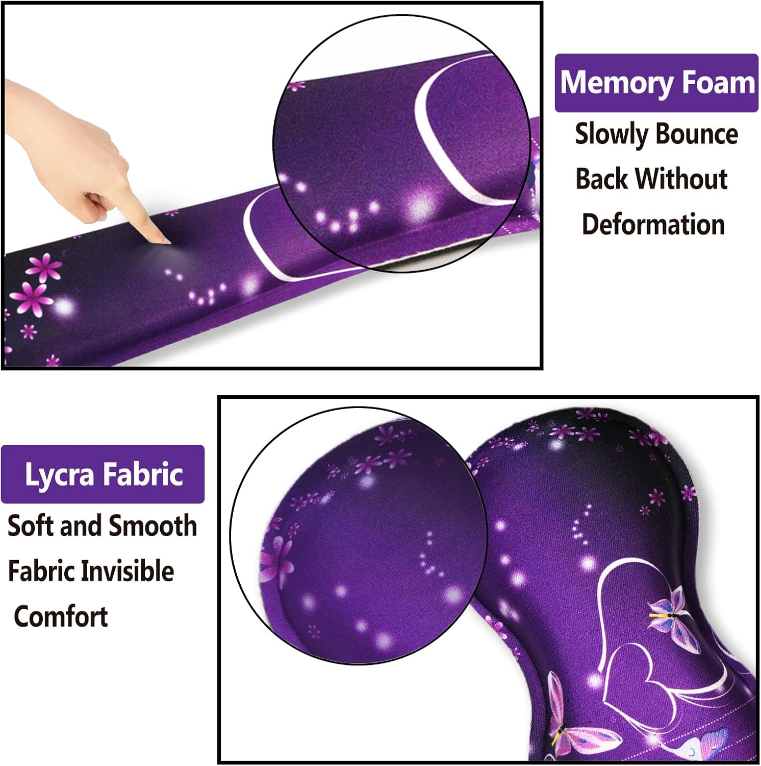 Keyboard Wrist Rest and Mouse Pad with Wrist Support Set Ergonomic Coaster, Memory Foam Mousepad Non-Slip Rubber Base Durable Comfortable for Easy Typing Pain Relief, Purple Heart Butterfly