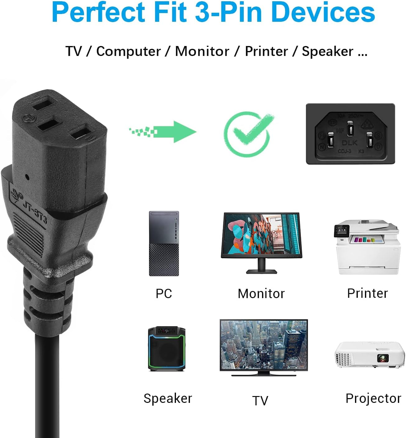 3 Prong Power Cord for Vizio TV, Vizio VX32L VW32L VX37L VW26L VA6 VMM26 LCD TV Power Cable