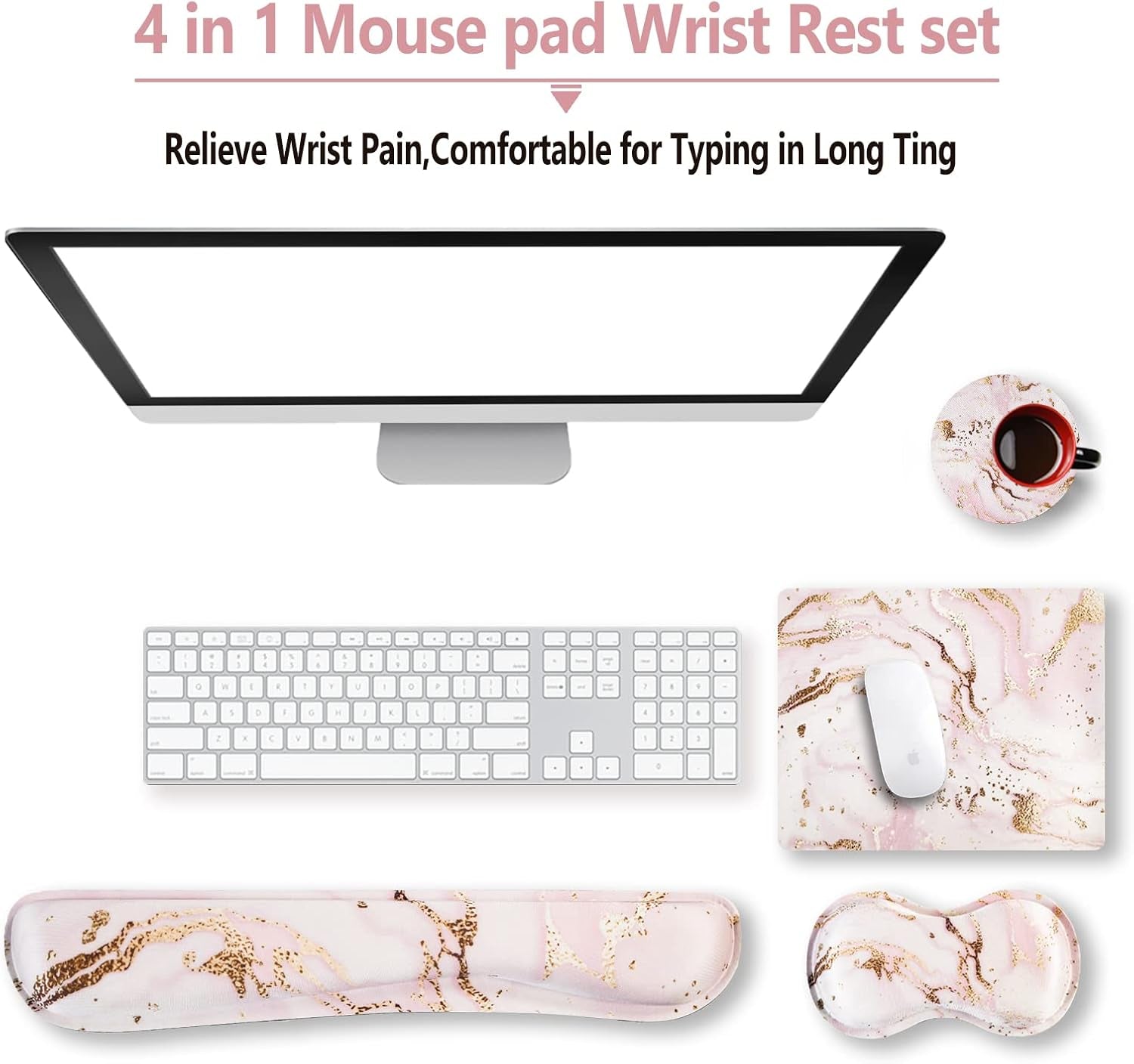 Keyboard Wrist Rest and Mouse Pad with Wrist Support Set Ergonomic Coaster, Memory Foam Mousepad Non-Slip Rubber Base Durable Comfortable for Easy Typing Pain Relief, Pink Marble