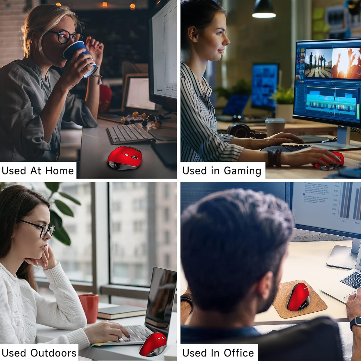 Ergonomic Wireless Mouse, 2.4G Optical Cordless, 800/1200/1600 DPI, Vertical Computer Mouse for Laptop, Mac, PC, Desktop (Right Hand, Large) - Red