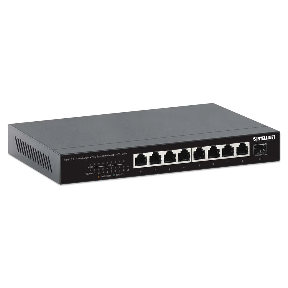 9-Port PoE++ Switch with 8 x 2.5G Ethernet Ports and 1 SFP+ UplinkIEEE 802.3bt (4PPoE) Compliant, Eight PSE PoE++ Ports (up to 60 W per port) with 10/100/1000/2500 Mbps, 100 W PoE Power Budget, One 10G SFP+ Open Slot