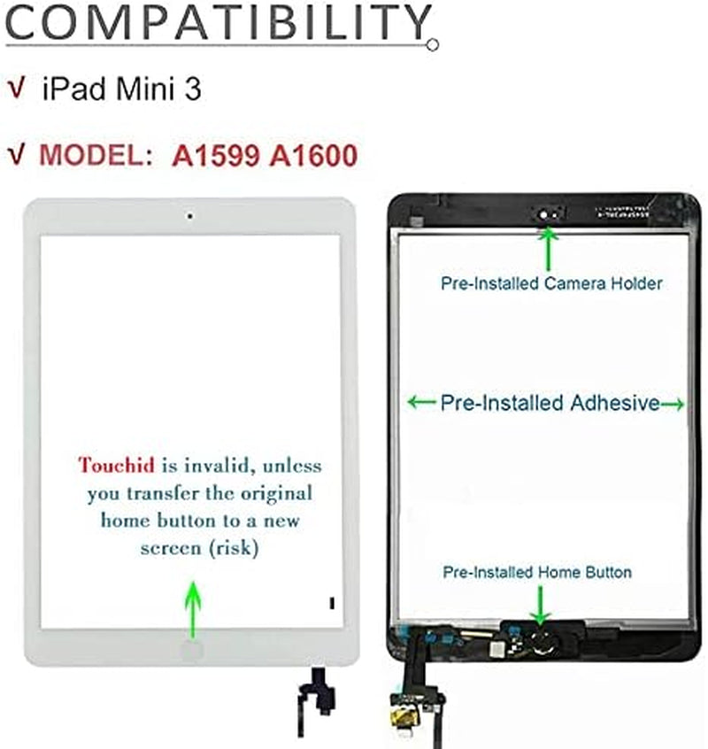 For Ipad Mini 3 Screen Replacement Glass Touchscreen Digitizer (A1599 A1600), White, Complete Repair Tools Kit,Camera Holder