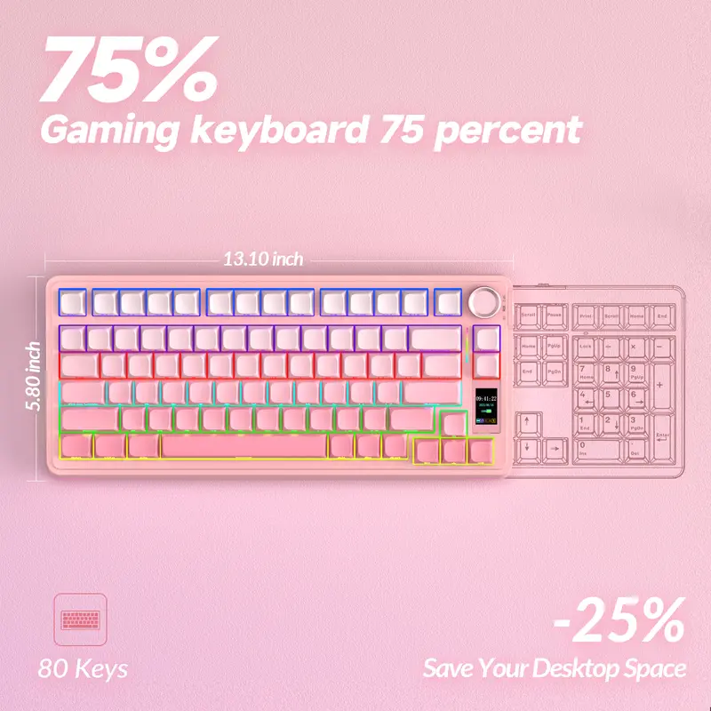 AULA S75 Pro Wireless Mechanical Gaming Keyboard with Screen Knob RGB Rainbow Backlit Tri-Mode 2.4G USB-C Bluetooth5.0 Hot Swappable Gaming Keyboard for Gamers Gaming PC Accessories Creamy Keyboard for Pc/Mac/Linux