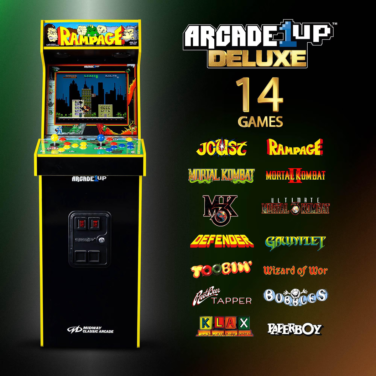 Rampage, Joust Deluxe Arcade Machine with 14 Classic Midway Games & Light-Up Marquee