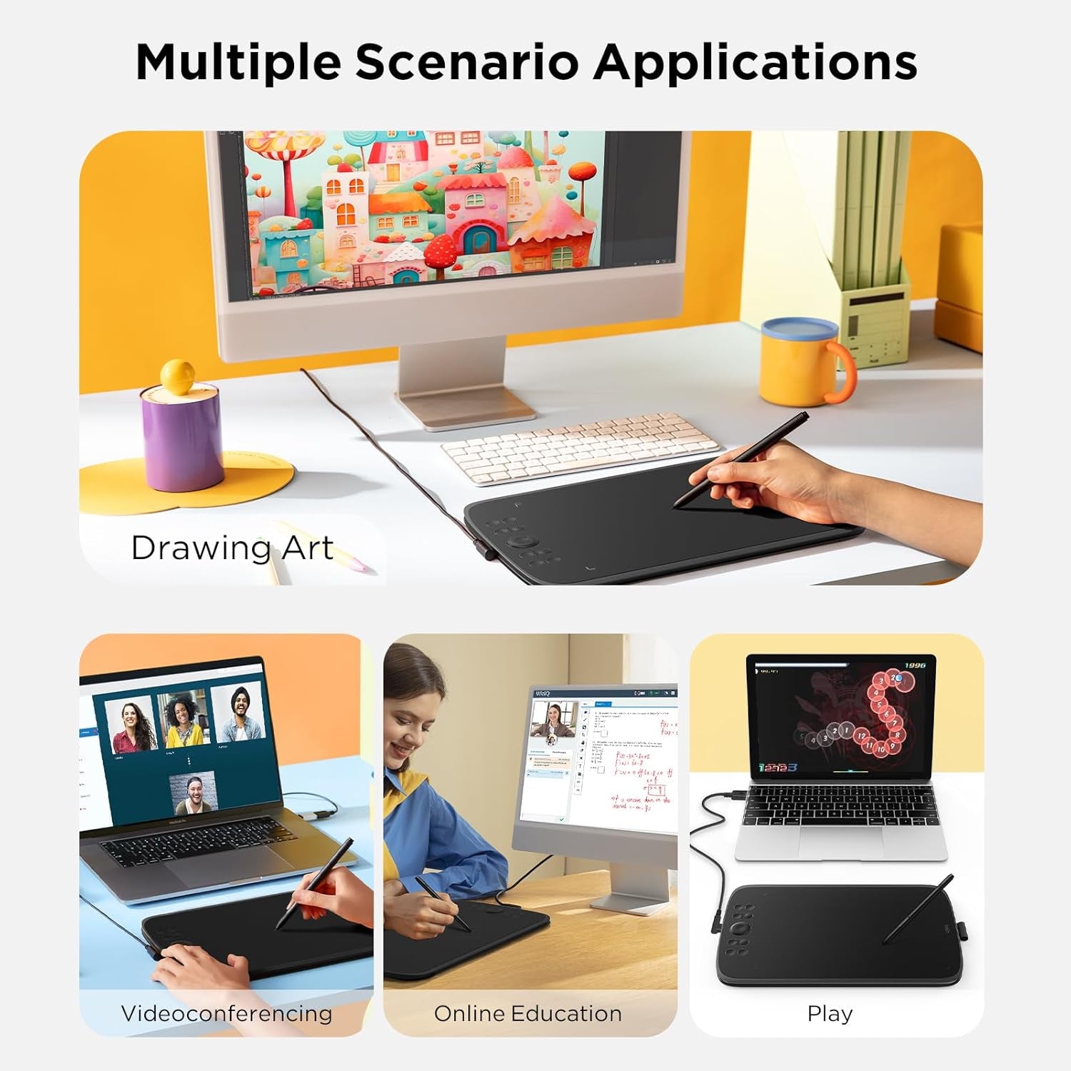 Upgrade M908 10X6.25Drawing Tablet,Graphics Tablet with 8 Hot Keys & Scroll Wheel,Battery Free Stylus of 16K Levels Pressure Sensitivity Drawing Pad Compatible with Windows/Mac/Android Art Tablet