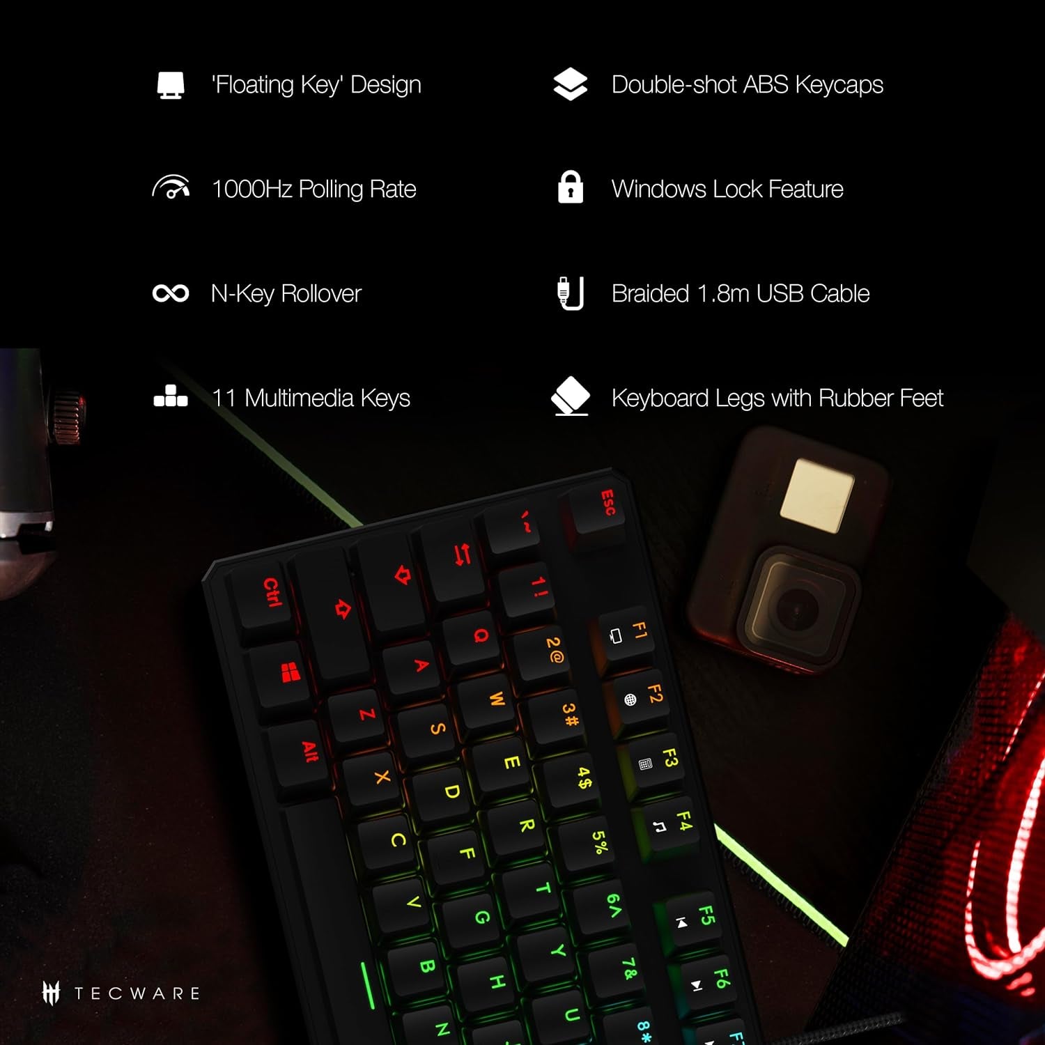 Phantom 87 Key RGB Mechanical Gaming Keyboard | Outemu Red Switch | 16.8M Color LED Lighting | 18 Pre-Set | Low Latency | N-Key Rollover | Software Customizable Keys | Wired USB Connection