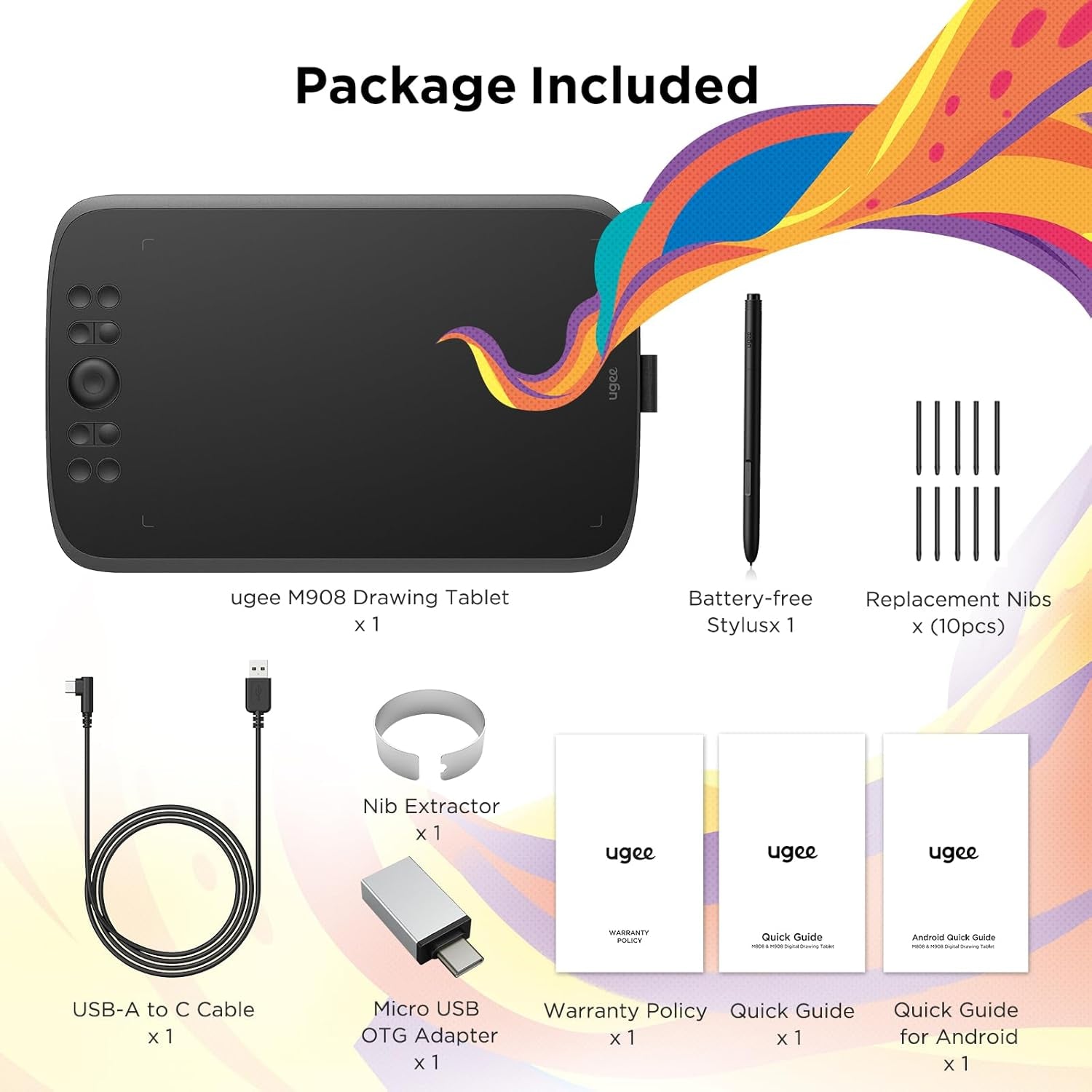 Upgrade M908 10X6.25Drawing Tablet,Graphics Tablet with 8 Hot Keys & Scroll Wheel,Battery Free Stylus of 16K Levels Pressure Sensitivity Drawing Pad Compatible with Windows/Mac/Android Art Tablet