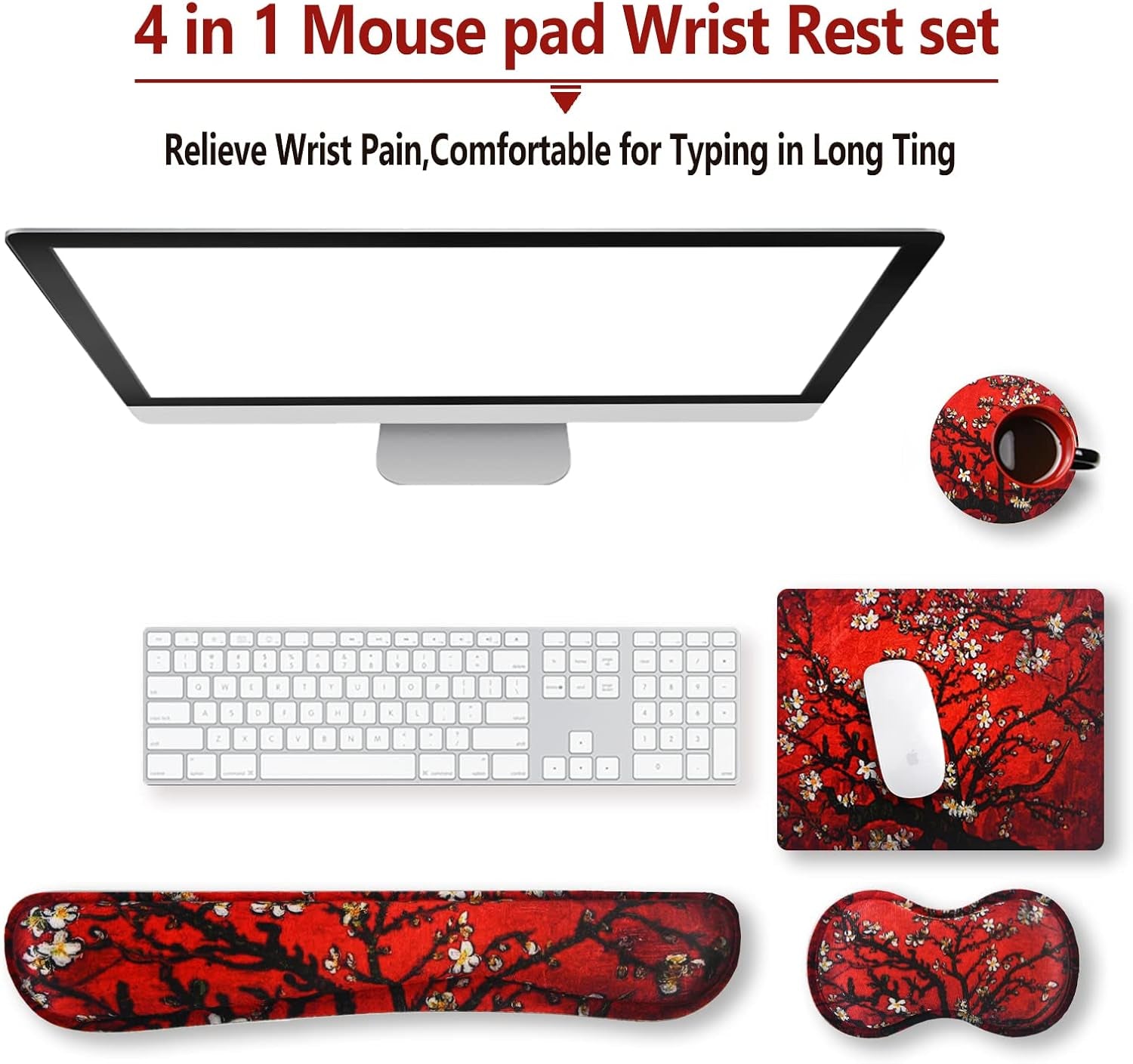 Keyboard Wrist Rest and Mouse Pad with Wrist Support Set Ergonomic Coaster, Memory Foam Mousepad Non-Slip Rubber Base Durable Comfortable for Easy Typing Pain Relief, Red Painting
