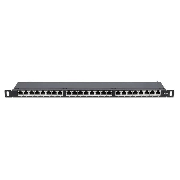 Cat6a Shielded Half-U Patch Panel
24-Port, FTP, 19", 0.5 U, 90° Top-Entry Punch-Down Blocks, Black