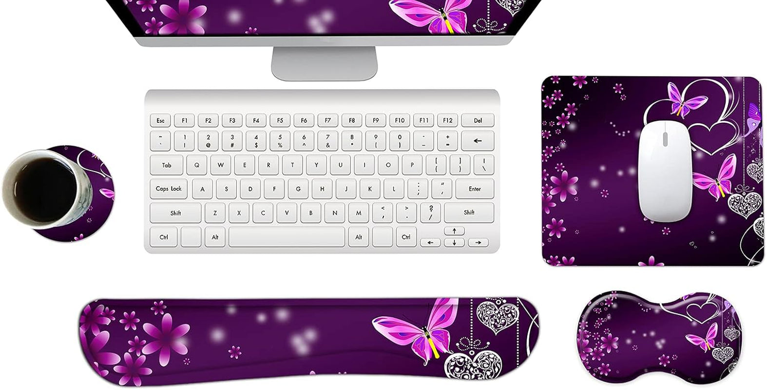 Keyboard Wrist Rest and Mouse Pad with Wrist Support Set Ergonomic Coaster, Memory Foam Mousepad Non-Slip Rubber Base Durable Comfortable for Easy Typing Pain Relief, Purple Heart Butterfly