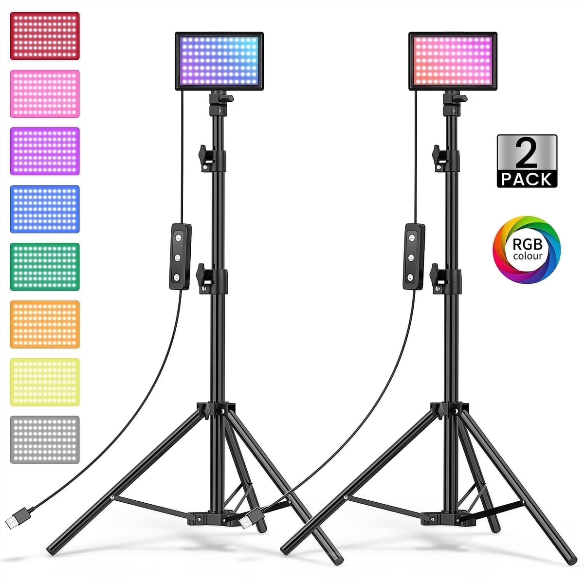 LED Video Light Kit 2 Pack Dimmable Remote Control Photography Lights with Tripods 10 Brightness Levels and 9 Color Filters USB Powered for Youtube Tiktok