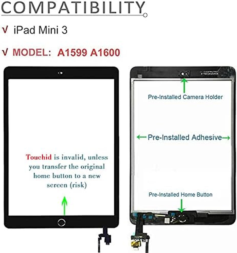 For Ipad Mini 3 Screen Replacement Glass Touchscreen Digitizer (A1599 A1600), Black, Complete Repair Tools Kit,Camera Holder