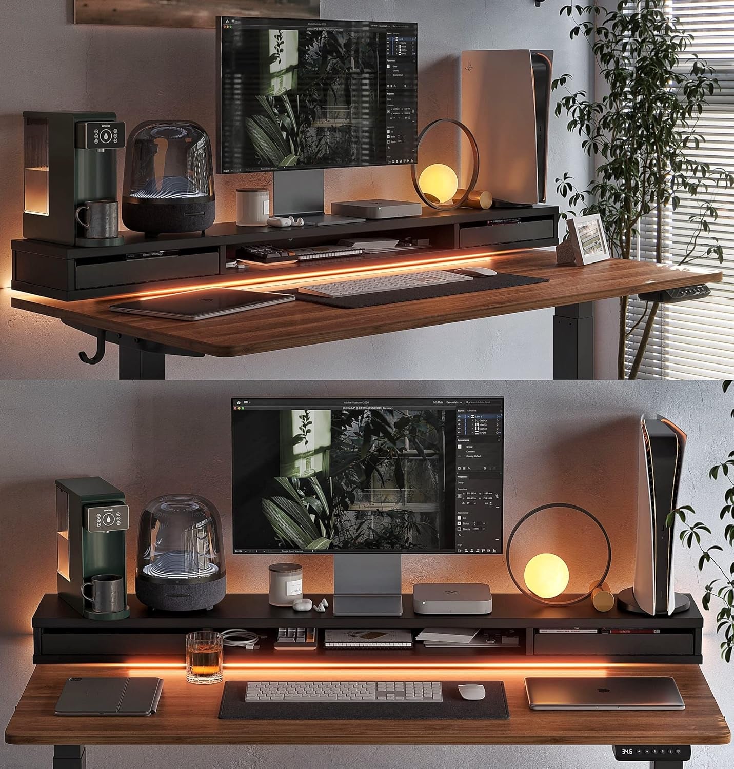 55 X 24 Inch Height Adjustable Electric Standing Desk with Double Drawers, Stand up Desk with LED Strips and Monitor Stand, Black Walnut