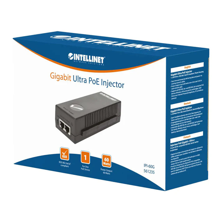 Gigabit Ultra PoE Injector
One 60 W Port, IEEE 802.3at/af Compliant, Plastic Housing, Wall-mount Option