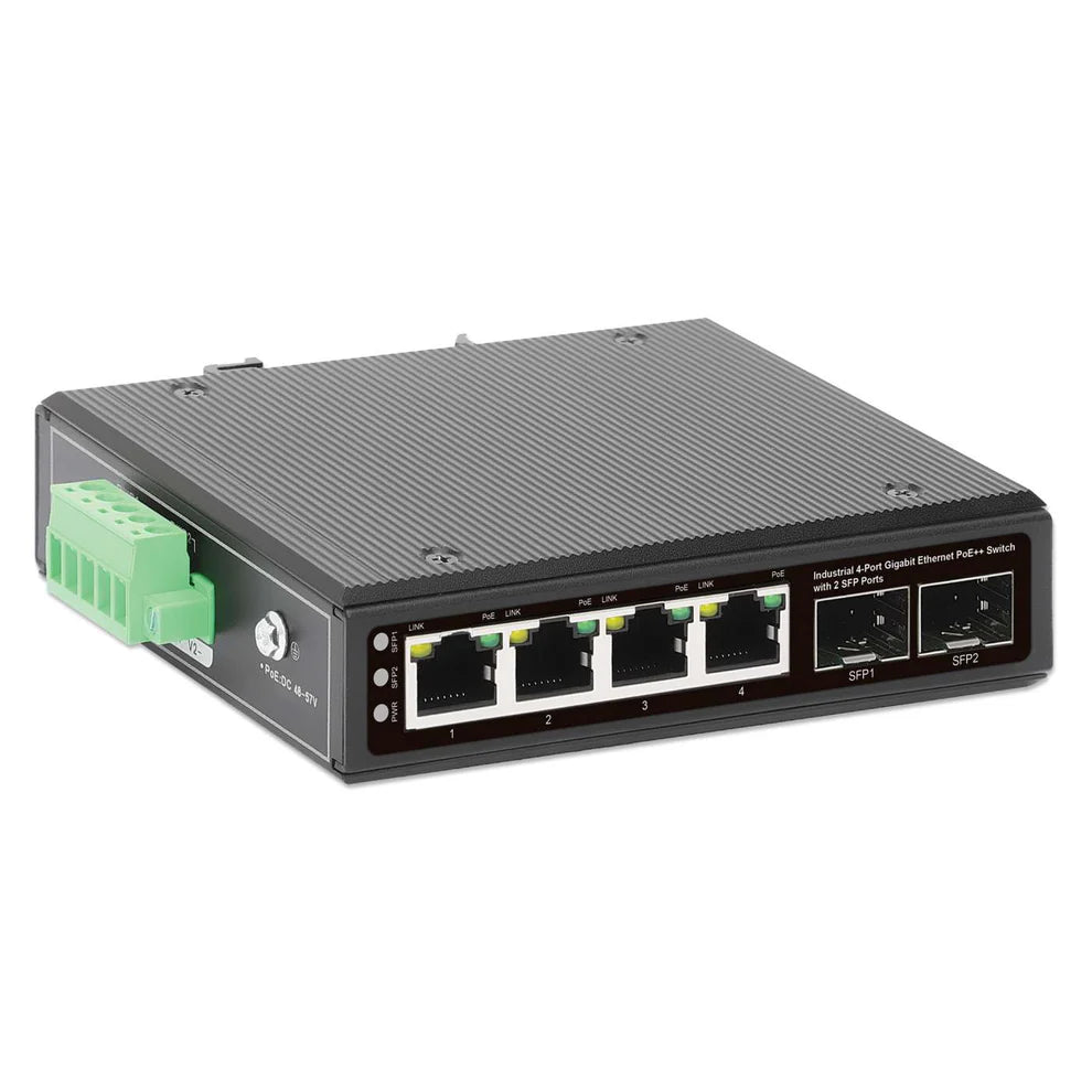 Industrial 4-Port Gigabit Ethernet PoE++ Switch with 2 SFP Ports
IEEE 802.3bt (4PPoE) Compliant, PoE Power Budget up to 240 W, Output up to 95 W per Port, IP40-Rated Metal Housing, DIN-Rail Mount