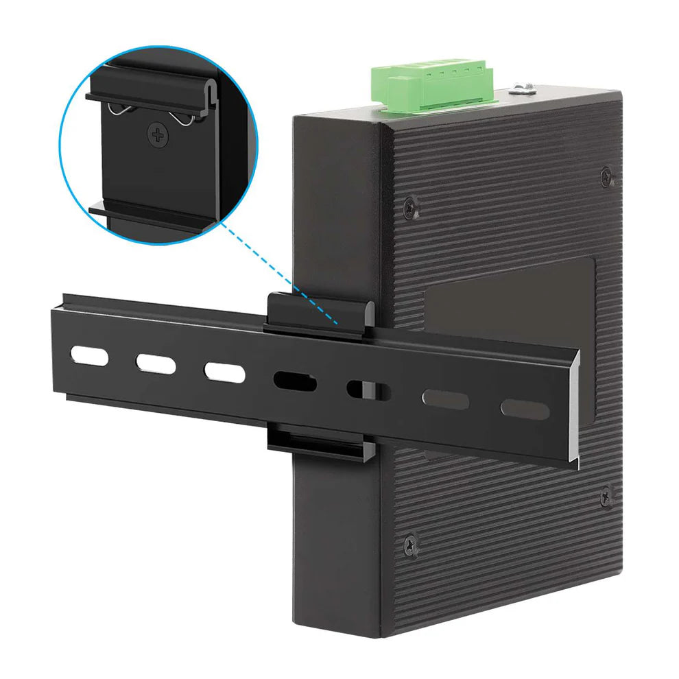 Industrial 4-Port Gigabit Ethernet PoE++ Switch with 2 SFP Ports
IEEE 802.3bt (4PPoE) Compliant, PoE Power Budget up to 240 W, Output up to 95 W per Port, IP40-Rated Metal Housing, DIN-Rail Mount