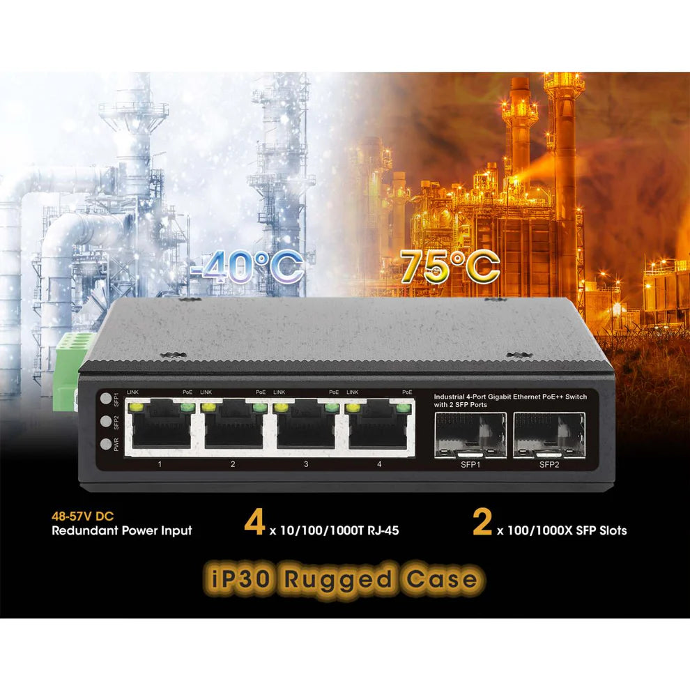 Industrial 4-Port Gigabit Ethernet PoE++ Switch with 2 SFP Ports
IEEE 802.3bt (4PPoE) Compliant, PoE Power Budget up to 240 W, Output up to 95 W per Port, IP40-Rated Metal Housing, DIN-Rail Mount