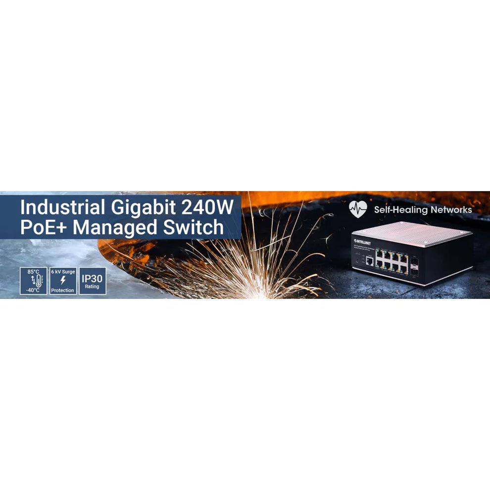 Industrial 8-Port Gigabit Ethernet PoE+ Layer 2+ Web-Managed Switch with 2 SFP PortsIEEE 802.3at/af (PoE+/PoE) Compliant, PoE Power Budget up to 240 W, Layer 2+/Layer 3 Lite, IP30-Rated Metal Housing