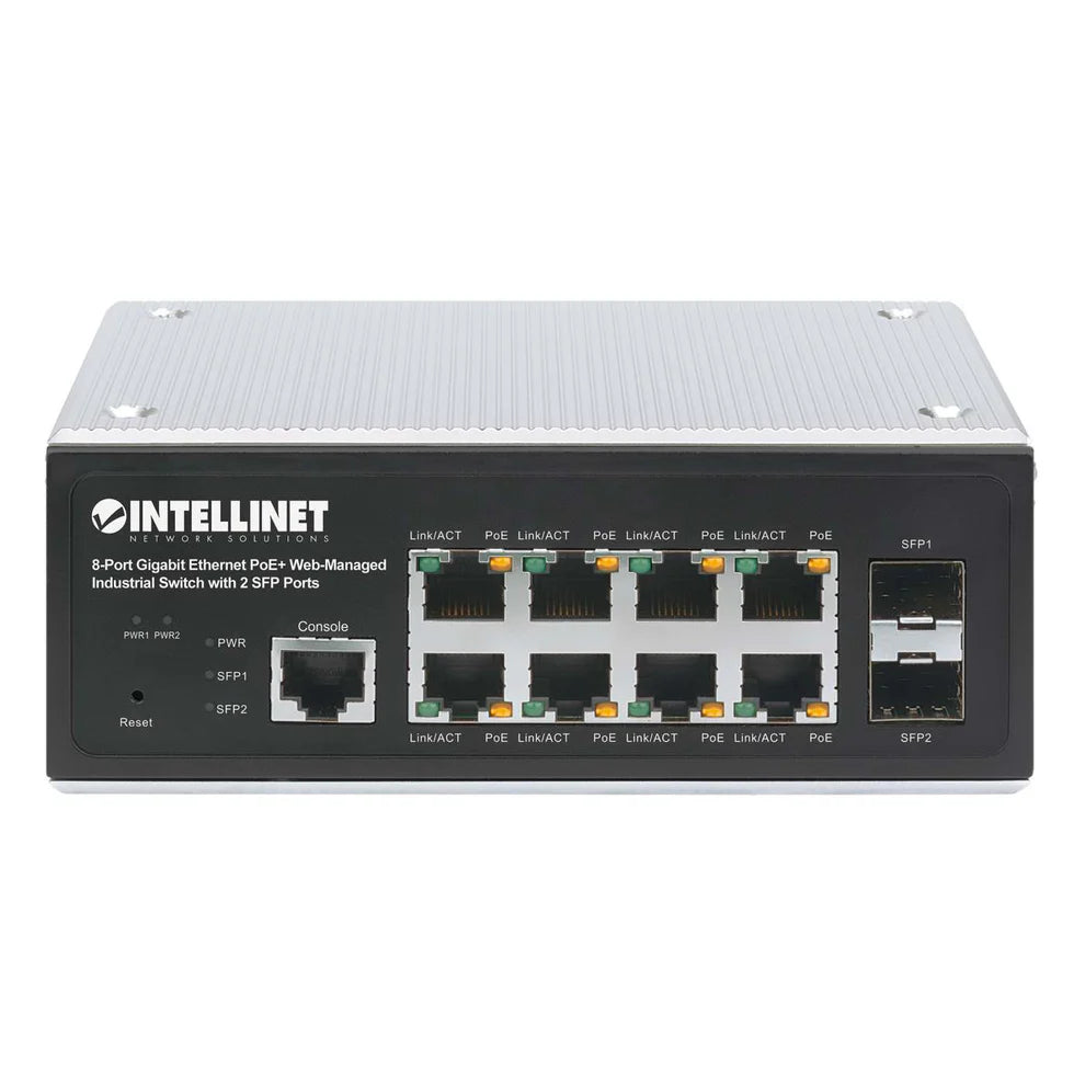 Industrial 8-Port Gigabit Ethernet PoE+ Layer 2+ Web-Managed Switch with 2 SFP PortsIEEE 802.3at/af (PoE+/PoE) Compliant, PoE Power Budget up to 240 W, Layer 2+/Layer 3 Lite, IP30-Rated Metal Housing