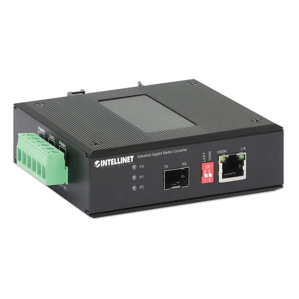Industrial Gigabit Media Converter
10/100/1000Base-TX to SFP Slot, IP40-rated Metal Housing, DIN-rail Mount