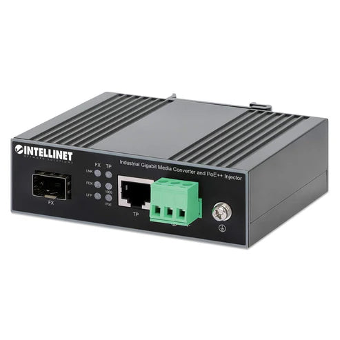 Industrial Gigabit Media Converter and PoE++ Injector
10/100/1000Base-TX to SFP Slot, PoE Injector Function, 90 W, IEEE 802.3bt (4PPoE) Compliant, IP30-rated Metal Housing, DIN-rail Mount