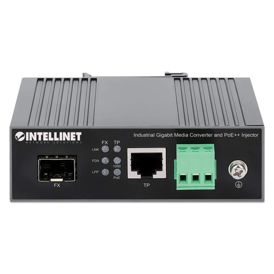 Industrial Gigabit Media Converter and PoE++ Injector
10/100/1000Base-TX to SFP Slot, PoE Injector Function, 90 W, IEEE 802.3bt (4PPoE) Compliant, IP30-rated Metal Housing, DIN-rail Mount