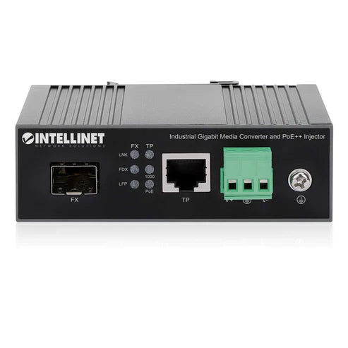 Industrial Gigabit Media Converter and PoE++ Injector
10/100/1000Base-TX to SFP Slot, PoE Injector Function, 90 W, IEEE 802.3bt (4PPoE) Compliant, IP30-rated Metal Housing, DIN-rail Mount